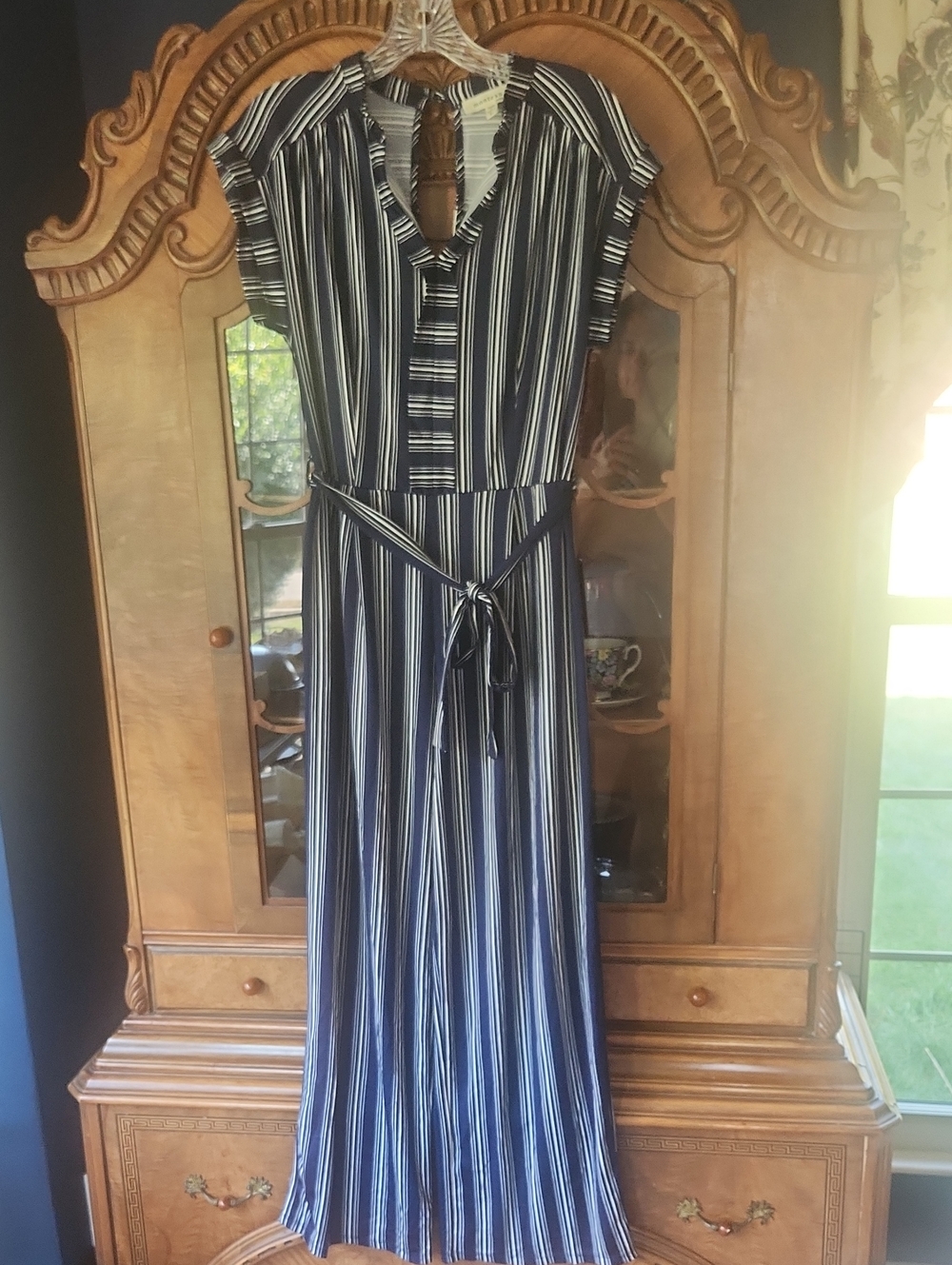 Monteau Los Angeles Striped Wide Leg Jumpsuit Navy White Size Large Belted